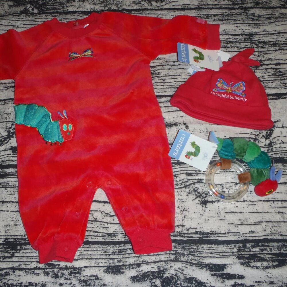 Carters Eric Carle 3-6 Month Velour Romper Hat Rattle Outfit Caterpillar NWT